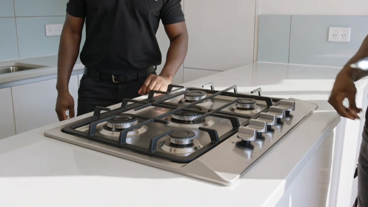 Gas Installers Cape Town - two registered gas installers fitting an LPG gas hob into a kitchen worktop